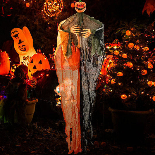6 Ft Hanging Pumpkin Ghost Decoration – Red LED Eyes & Bendable Arms