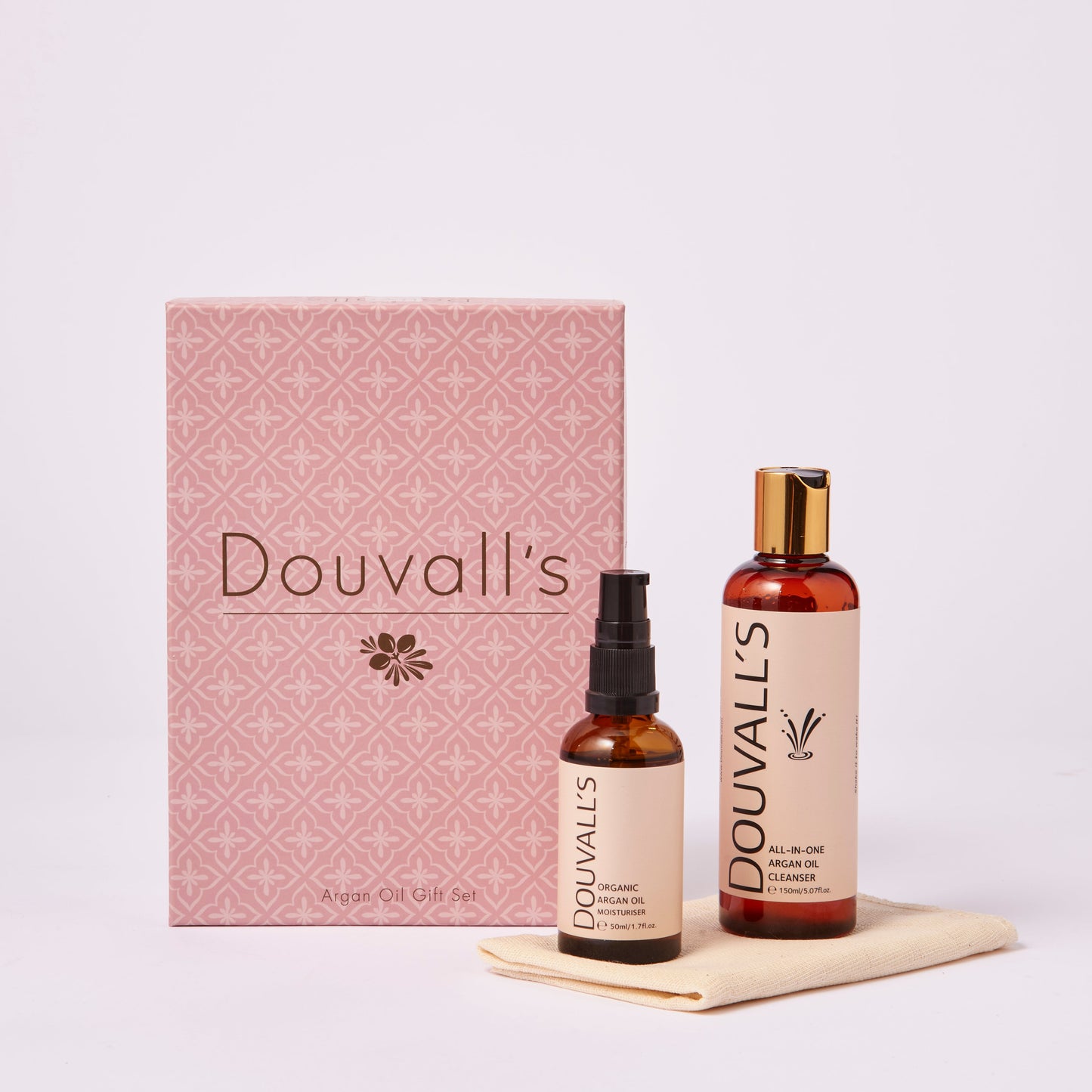Douvalls Luxury Argan Oil Gift Set – Cleanser, Moisturiser & Muslin Cloth | Moroccan Gift Box