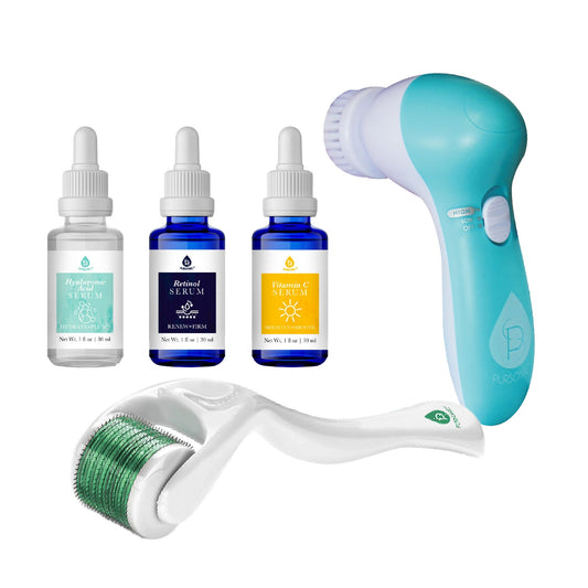 Pursonic 3-in-1 Skincare Bundle | Facial Cleansing Brush, Anti-Aging Serum Set & Derma Roller