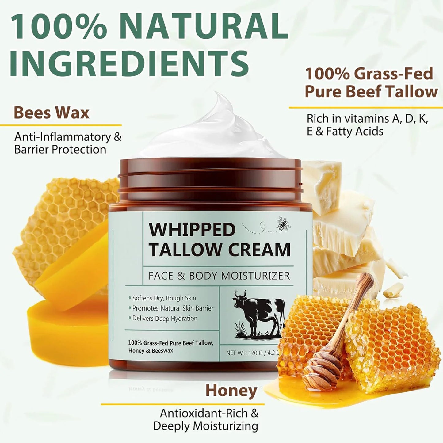 Grass-Fed Whipped Beef Tallow & Honey Balm – Natural Face & Body Moisturizer 120g
