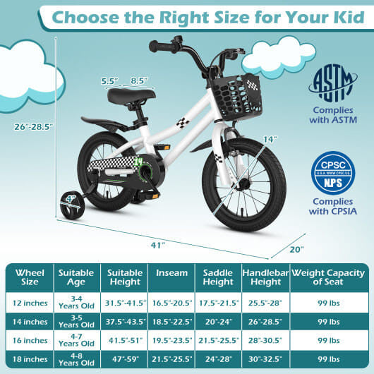 14-Inch Kids Bike with Helmet & Training Wheels – Adjustable | White & Blue