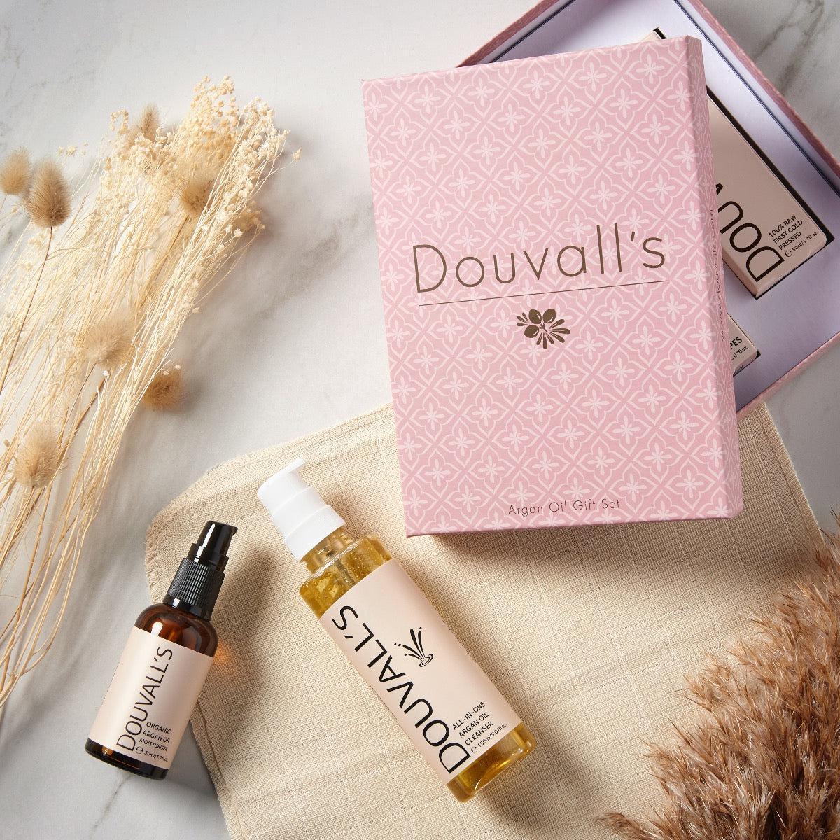 Douvalls Luxury Argan Oil Gift Set – Cleanser, Moisturiser & Muslin Cloth | Moroccan Gift Box