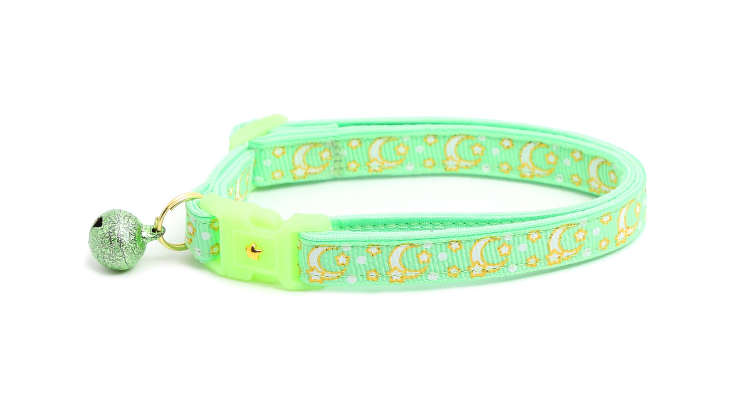 Gold Moons & Stars Mint Green Cat Collar – Glow in the Dark | Breakaway Safety Clip | Handmade