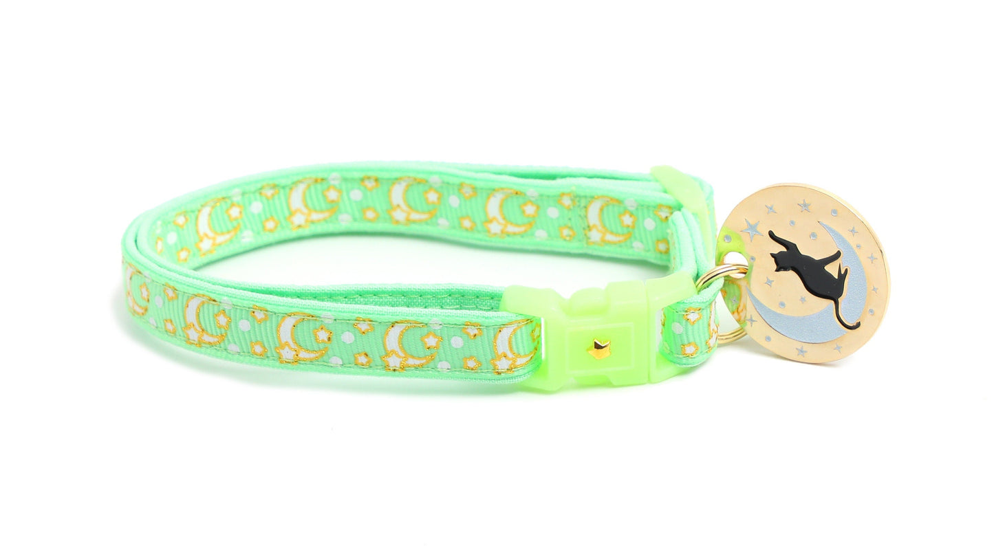 Gold Moons & Stars Mint Green Cat Collar – Glow in the Dark | Breakaway Safety Clip | Handmade