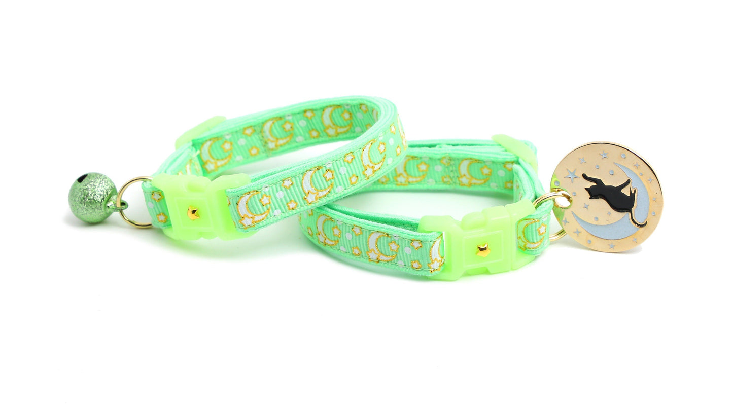 Gold Moons & Stars Mint Green Cat Collar – Glow in the Dark | Breakaway Safety Clip | Handmade