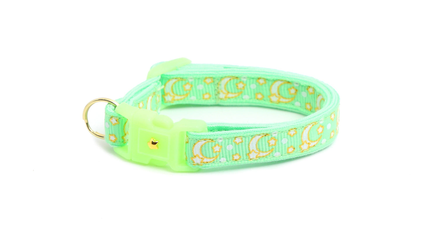 Gold Moons & Stars Mint Green Cat Collar – Glow in the Dark | Breakaway Safety Clip | Handmade