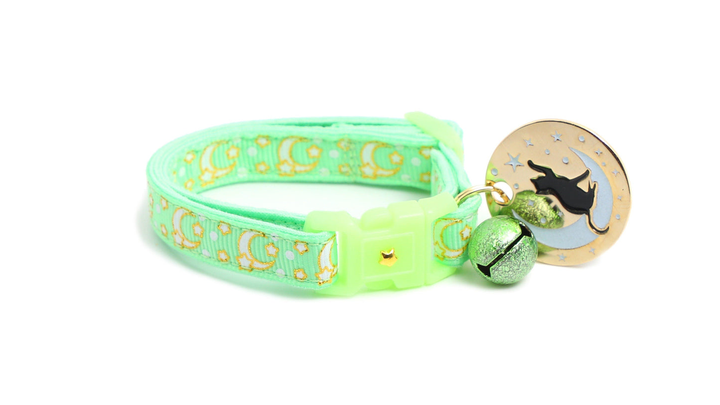 Gold Moons & Stars Mint Green Cat Collar – Glow in the Dark | Breakaway Safety Clip | Handmade