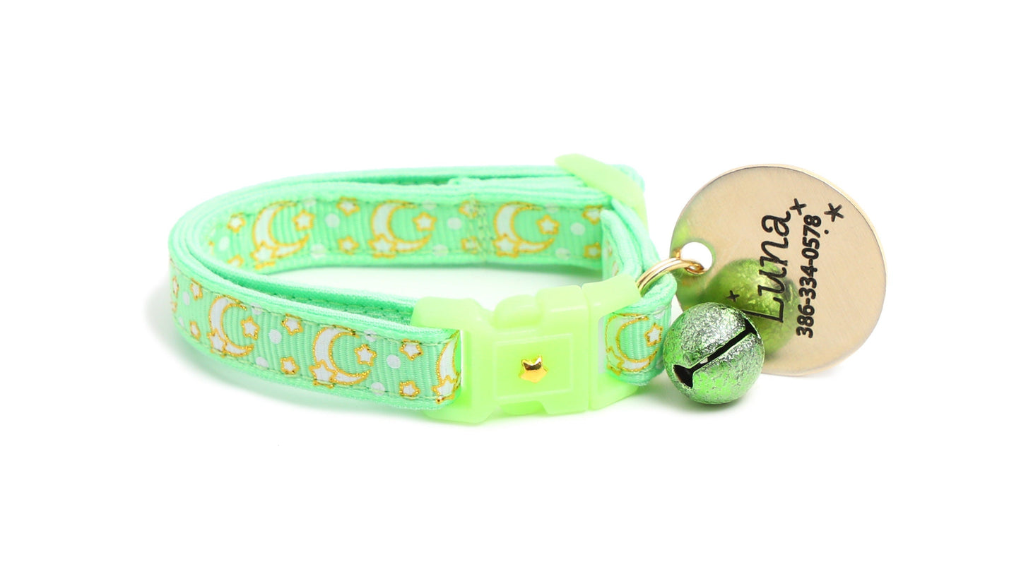 Gold Moons & Stars Mint Green Cat Collar – Glow in the Dark | Breakaway Safety Clip | Handmade
