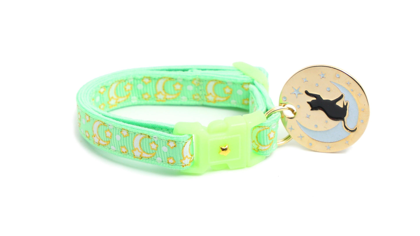 Gold Moons & Stars Mint Green Cat Collar – Glow in the Dark | Breakaway Safety Clip | Handmade