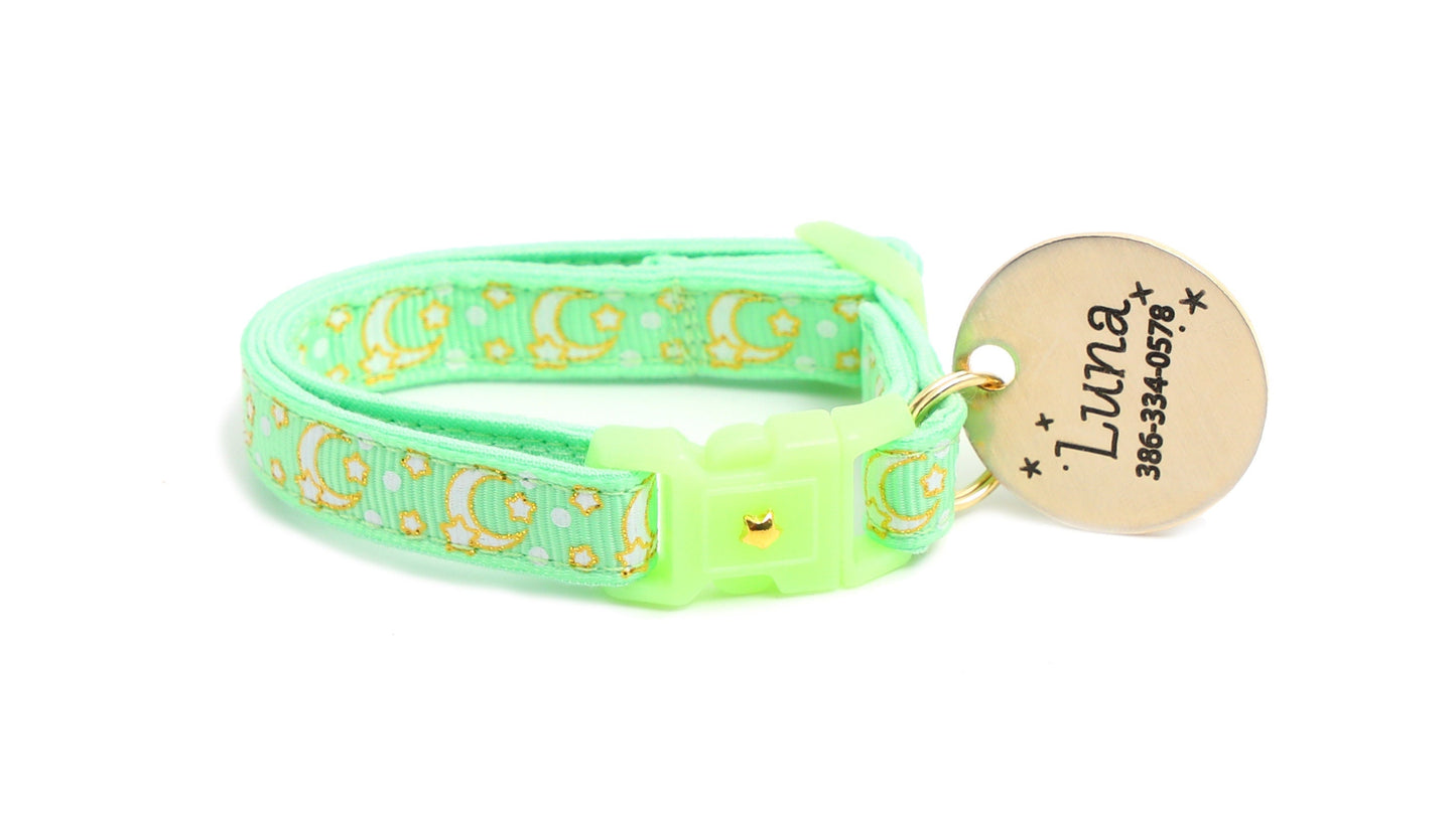 Gold Moons & Stars Mint Green Cat Collar – Glow in the Dark | Breakaway Safety Clip | Handmade