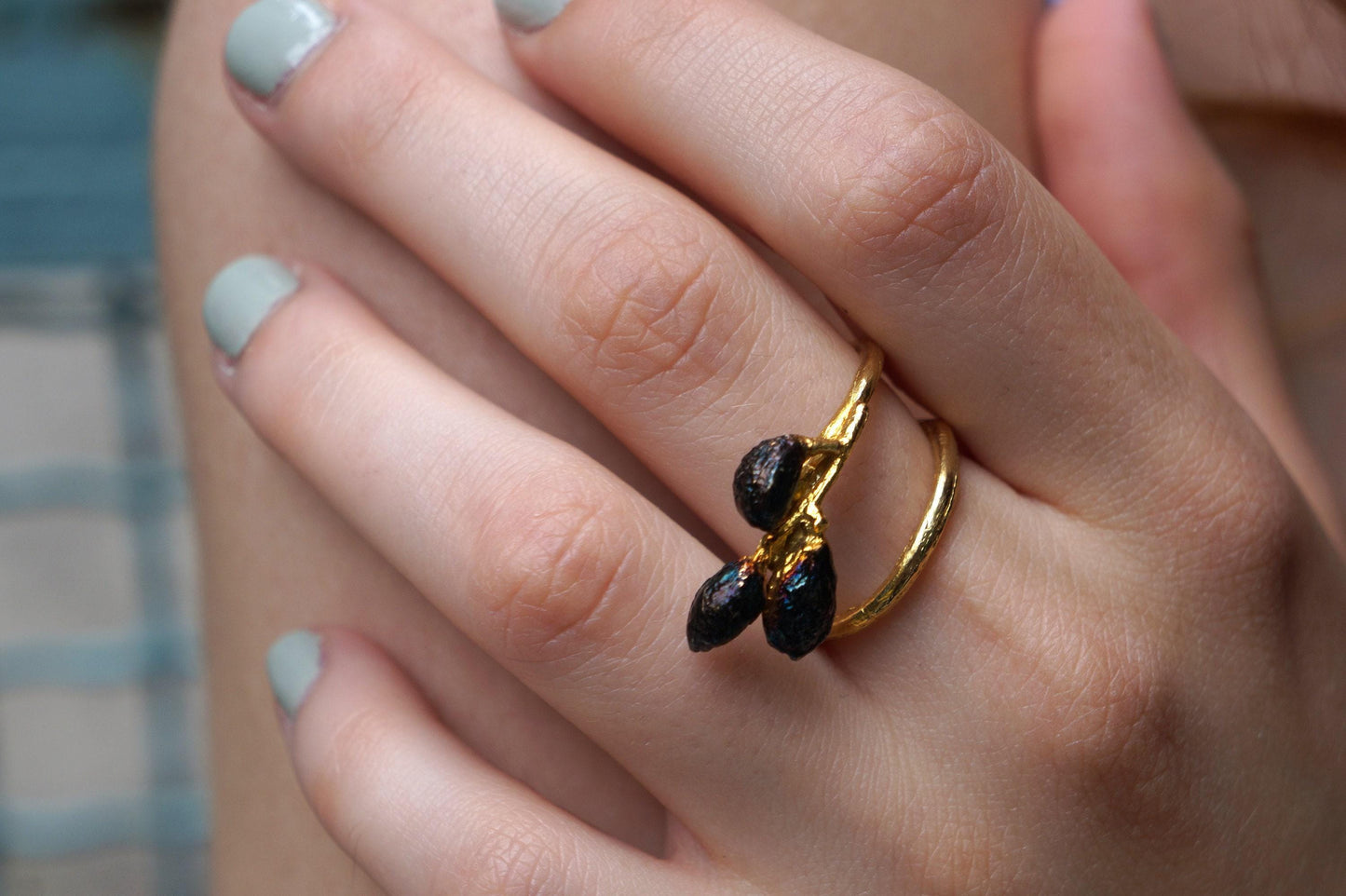 Nature Inspired Olive Branch Ring, Brass Gold or Black Rhodium (Adjustable)