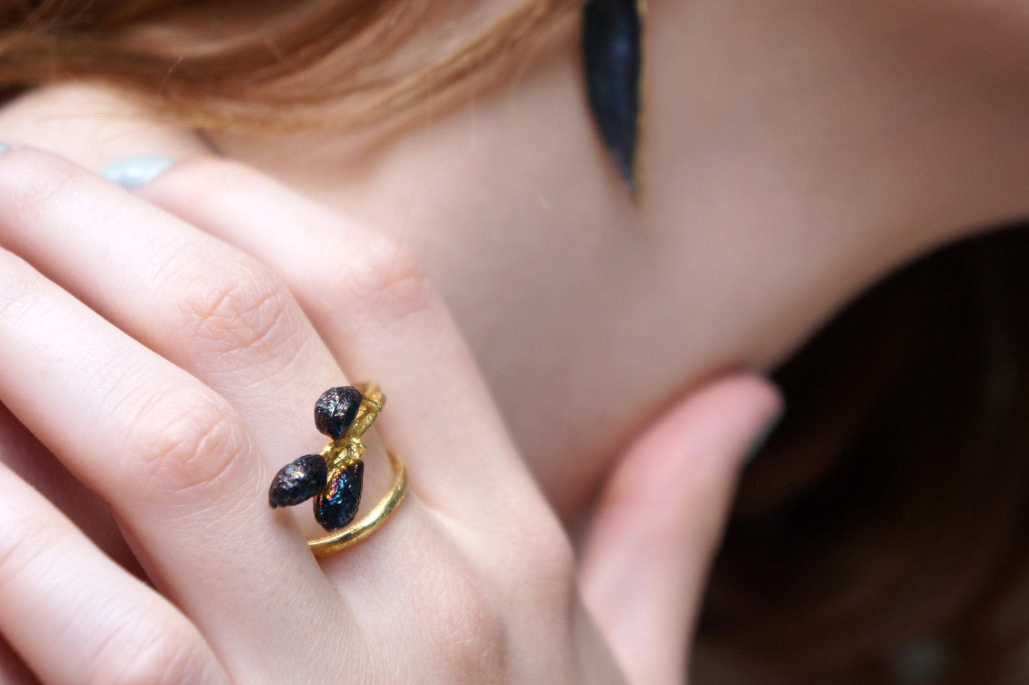 Nature Inspired Olive Branch Ring, Brass Gold or Black Rhodium (Adjustable)