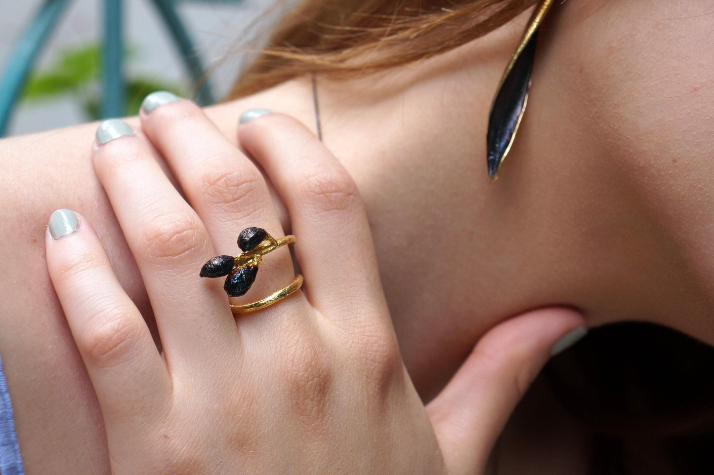 Nature Inspired Olive Branch Ring, Brass Gold or Black Rhodium (Adjustable)