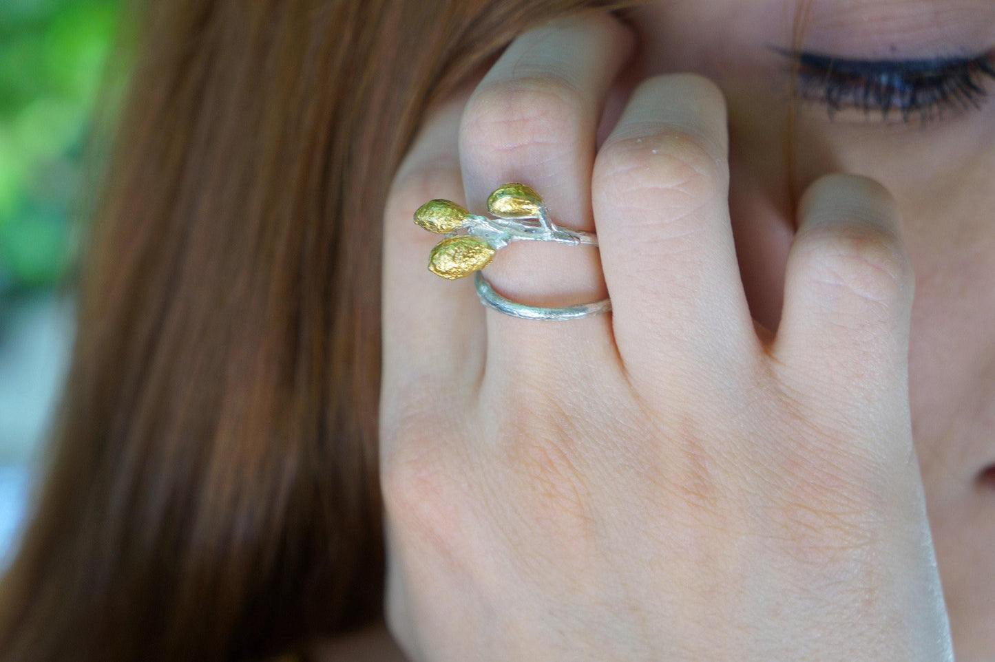 Nature Inspired Olive Branch Ring, Brass Gold or Black Rhodium (Adjustable)
