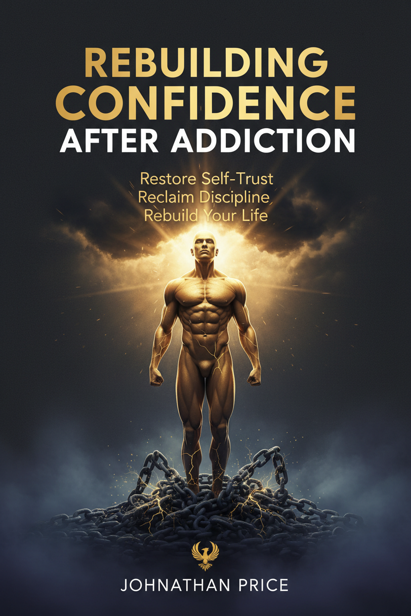 Rebuilding Confidence After Addiction ebook cover – male silhouette rising with broken chains