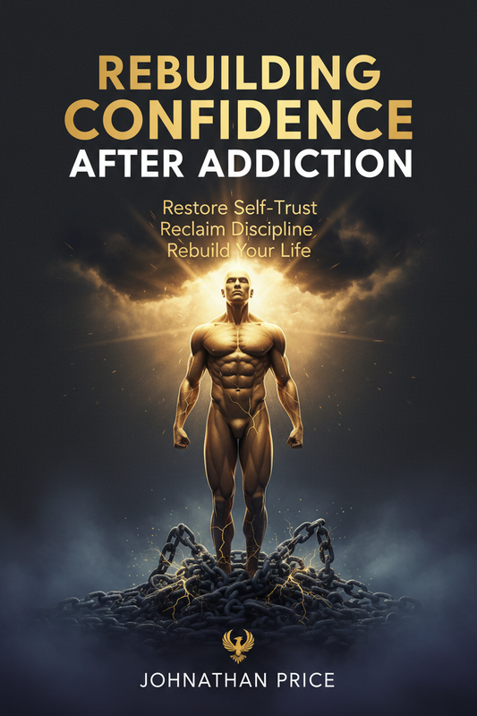 Rebuilding Confidence After Addiction ebook cover – male silhouette rising with broken chains