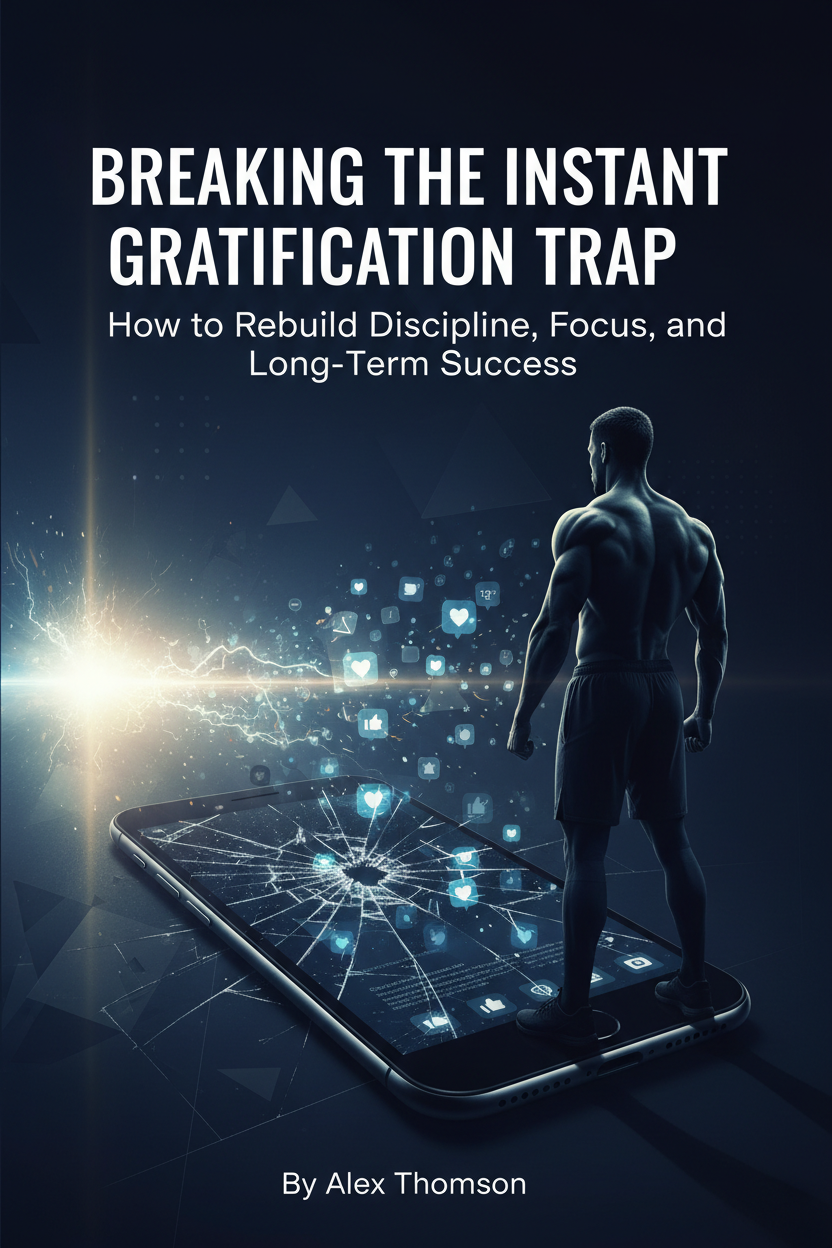 Breaking the Instant Gratification Trap ebook cover – navy and blue discipline focus theme