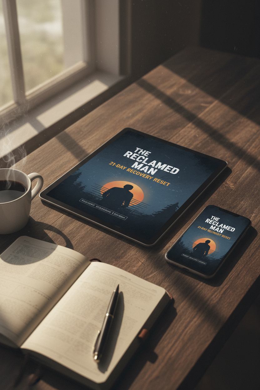 The Reclaimed Man 21-Day Recovery Reset ebook lifestyle mockup on tablet and phone