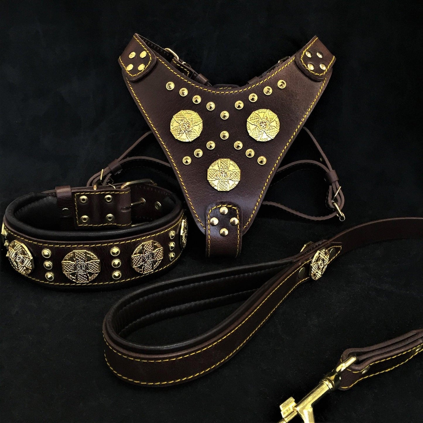 Bestia Maximus Brown Dog Harness, Collar & Leash Set – 4mm Leather | Brass Rivets | Large Dogs